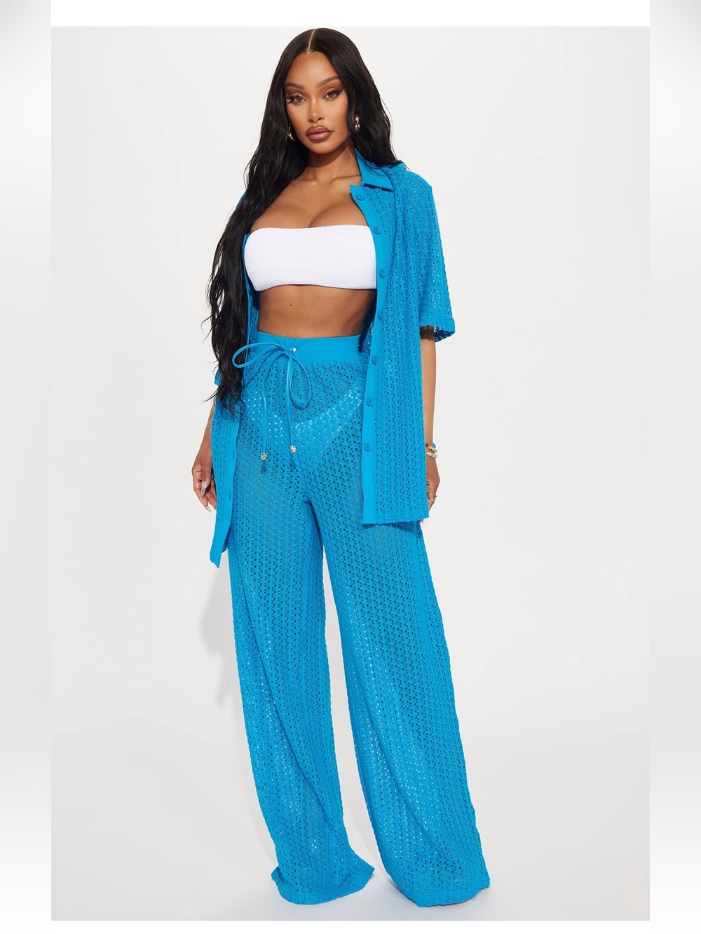 Fashion Nova Turquoise Blue Crochet Wide-Leg Pants & Shirt Set